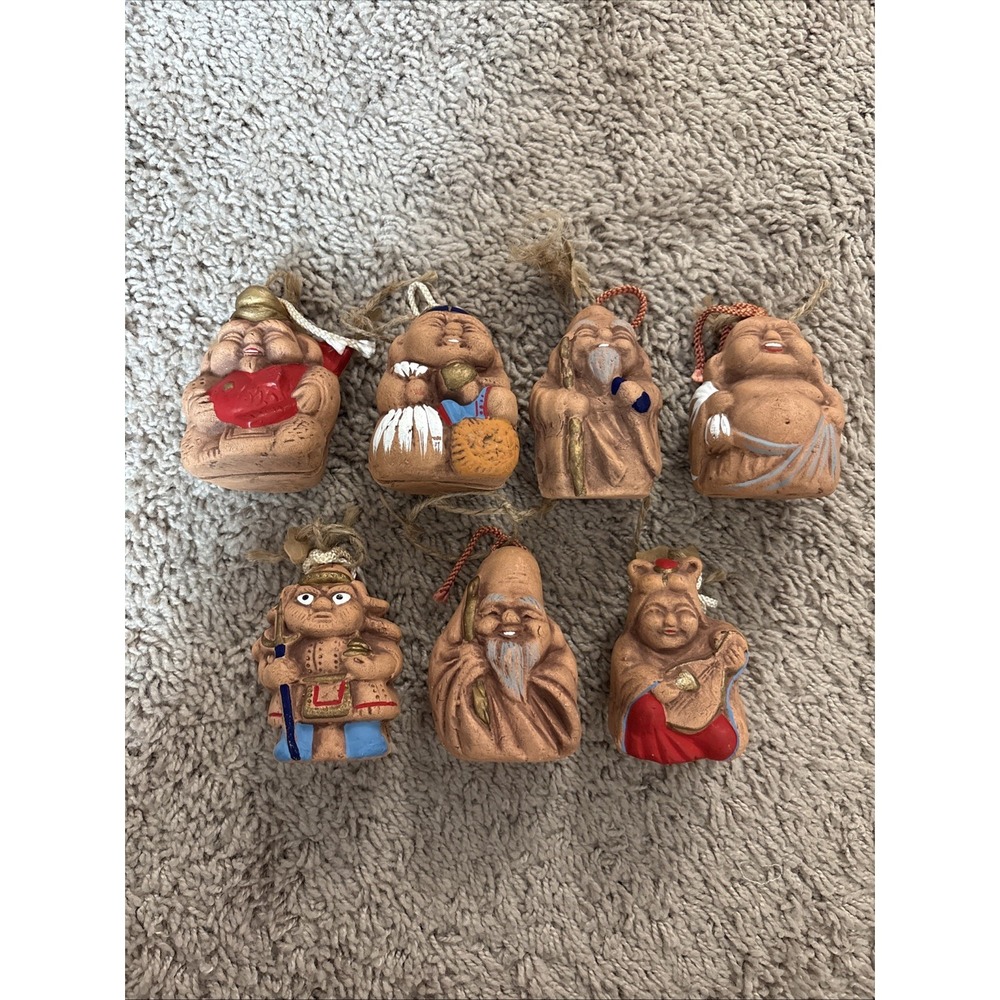 Japanese Dorei Clay Seven Lucky Gods Earthen Bells 3" Handmade